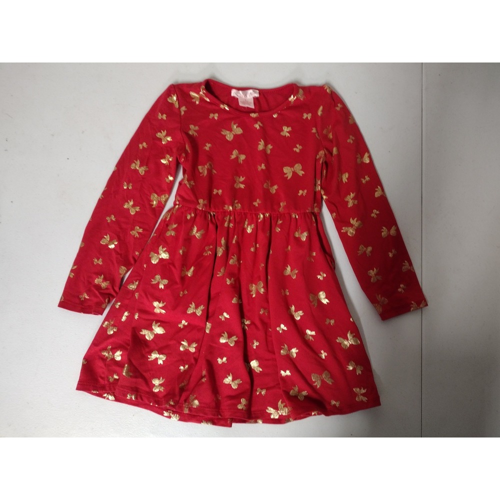 Emma & Elsa Girls Red Gold Foil Bow Long Sleeve Skater Dress Size 6‎